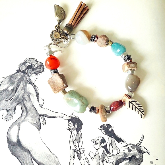 Blue Honey Jewelry Nature Walk Gemstone & Bone Bead Bohemian Bracelet XL - Picture 8 of 8